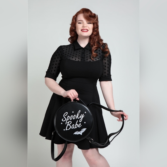 NWOT Collectif Wednesday Black Flocked Polka Dot Collared Swing Dress - Picture 8 of 16